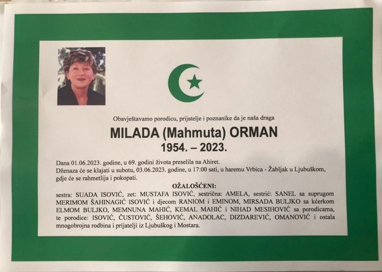 Ljubuški: Preminula profesorica Milada Orman